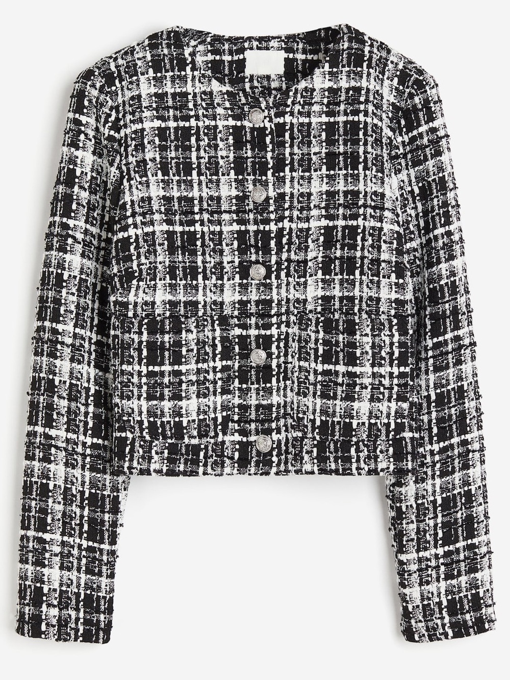 H&M S Boucle Jacket • Black White Textured Tweed Cropped Preppy Office